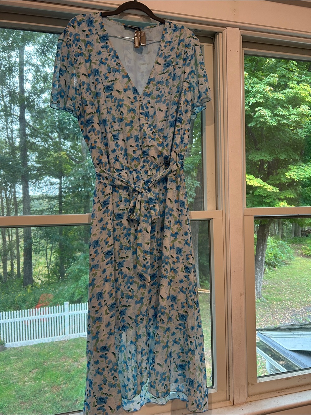 Blue Floral Midi Wrap Dress with Tie Waist